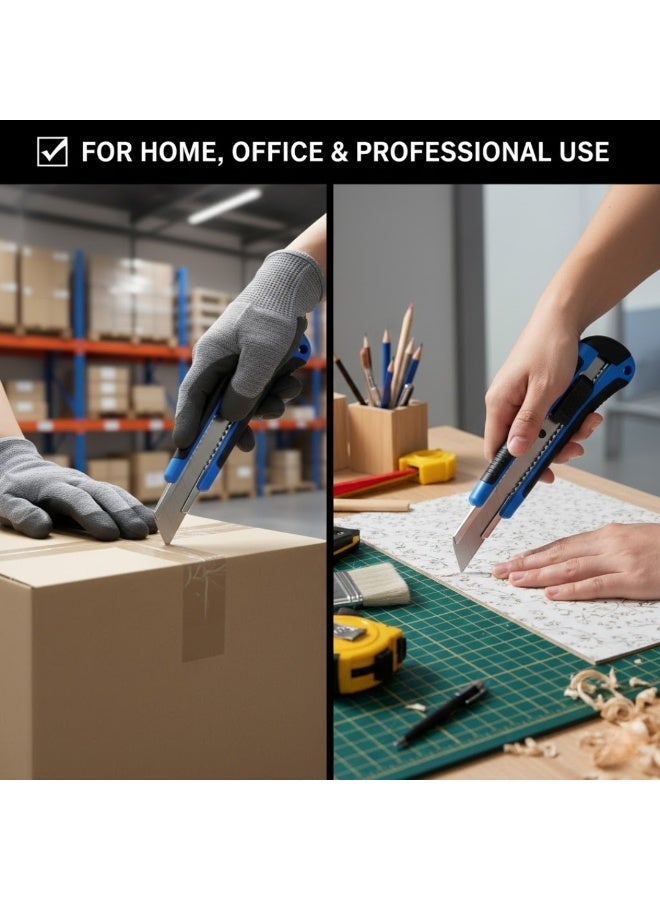 لوكاداه سكين متعدد الاستخدامات شديد التحمل مقاس 18 مم بشفرات قابلة للكسر، طقم قاطع كرتون احترافي مع شفرات احتياطية، مقبض مطاطي مانع للانزلاق، قبضة مريحة وسكين حرفي حاد قابل للسحب، أداة قطع مثالية للكرتون والسجاد والمستودعات ومناطق التعبئة والتغليف والبلاستيك، للاستخدام المنزلي والمكتبي - Image 4